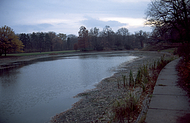 View of a water channel with surrounding vegetation and walkway