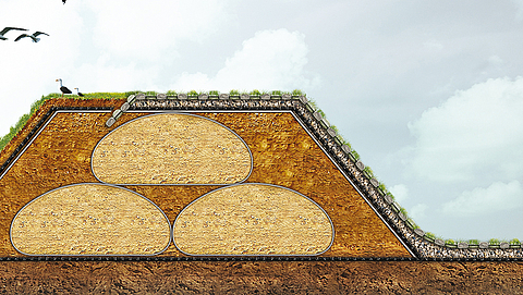 Incomat Crib dam reinforcement - cross-section drawing for ecological erosion control Cross-section drawing of the dam reinforcement with Incomat Crib concrete mat