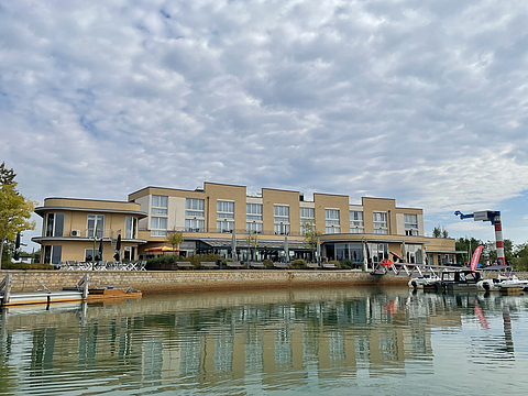 A marina next to a building