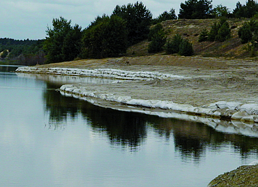 Close-up of a riverbank stabilised using SoilTain Bags