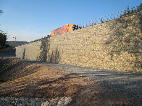 Completed back-anchored gabion wall along the A3