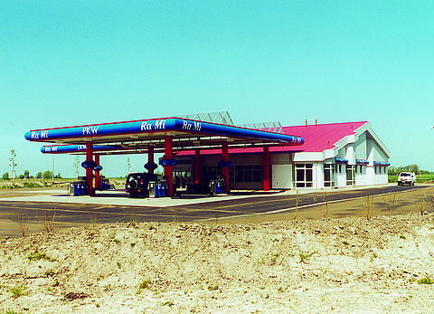 Newly built petrol station with a building
